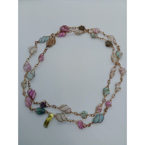 NWT Vintage Quartz Blue Purple Gold Tone Twisted Wire Link 32" Chain Necklace - Picture 2 of 6